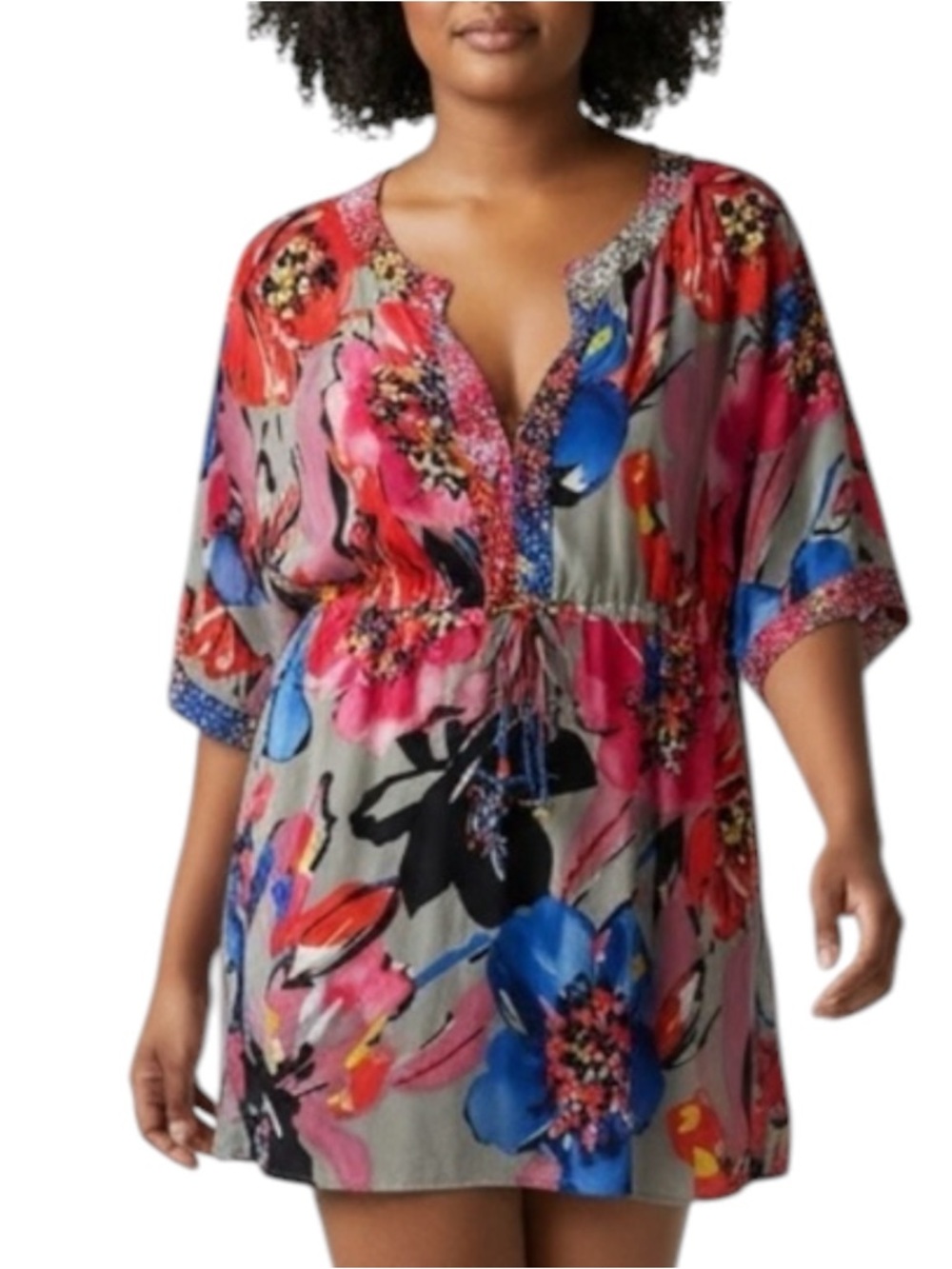 ST. JOHN Silk Blend Embellished Floral Multicolor Swim Cover-up Size Petite - Picture 3 of 10